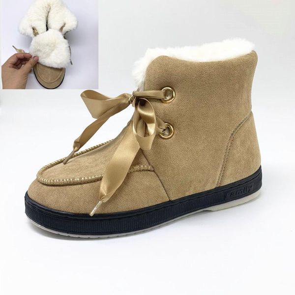 boots winter flat snow women lace up thick fur warm female shoes fashion ankle large size 43 44, Black