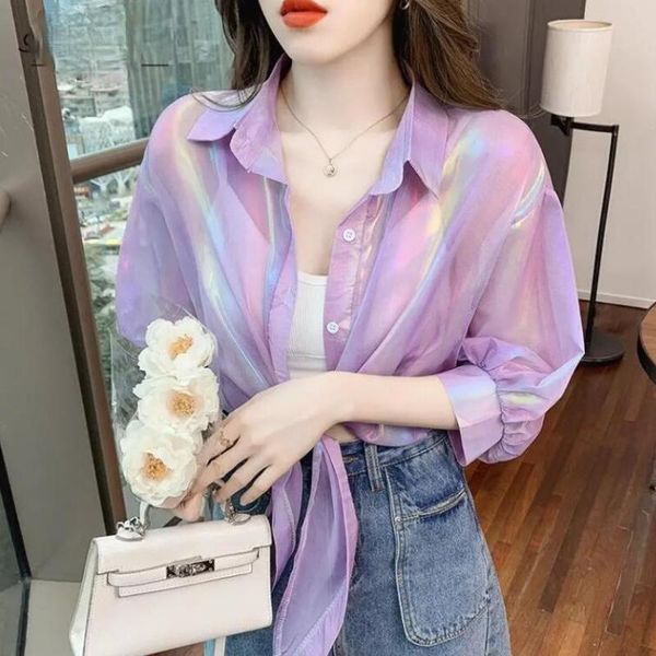 women's blouses & shirts harajuku transparent rainbow bright laser sunscreen thin cardigan half sleeve gauze turn down collar blusas, White
women's blouses & shirts harajuku transparent rainbow bright laser sunscreen thin cardigan half sleeve gauze turn down collar blusas, White