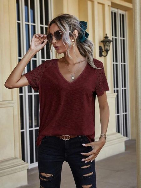 women's t-shirt lace splicing short sleeve solid color loose female fashion v neck tshirt, White
women's t-shirt lace splicing short sleeve solid color loose female fashion v neck tshirt, White