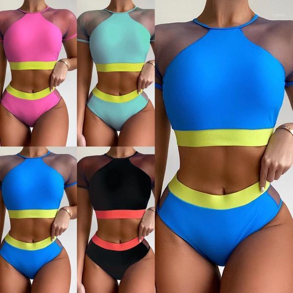 women's swimwear 2021 women patchwork splicing mesh short sleeve high waist bikini female swimsuit two piece set, White;black
women's swimwear 2021 women patchwork splicing mesh short sleeve high waist bikini female swimsuit two piece set, White;black