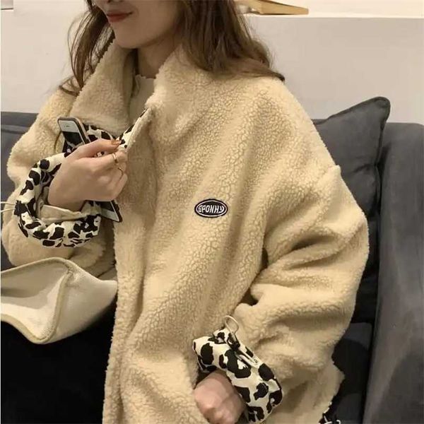 double-sided lamb velvet cotton jacket leopard print female student korean loose stand-up collar windbreaker winter 211216, Black