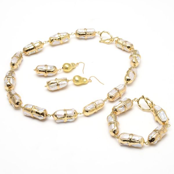 guaiguai jewelry natural white biwa pearl electroplated edge gold plated brushed bead wrap necklace bracelet earrings sets for women, Silver
guaiguai jewelry natural white biwa pearl electroplated edge gold plated brushed bead wrap necklace bracelet earrings sets for women, Silver