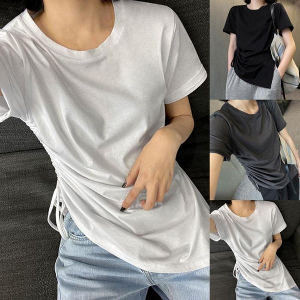 women's t-shirt loose o-neck short-sleeved pleated side slit casual pullover suitable for dating, White
women's t-shirt loose o-neck short-sleeved pleated side slit casual pullover suitable for dating, White