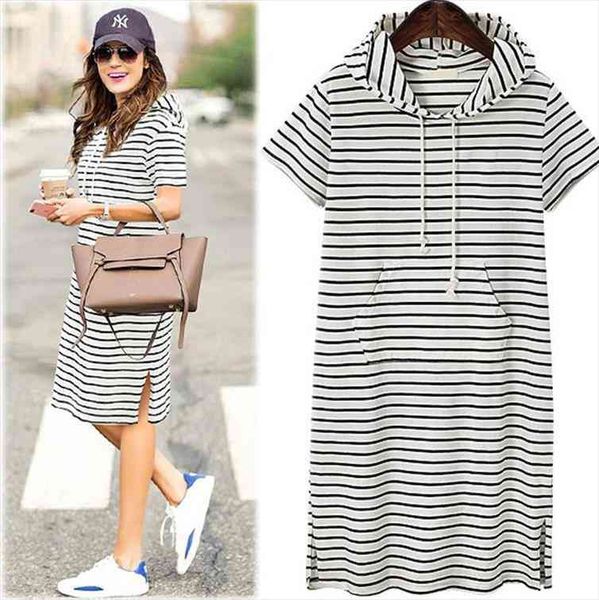 european and american style large size womens striped knit hooded short sleeve long section split dress, Black;gray
european and american style large size womens striped knit hooded short sleeve long section split dress, Black;gray