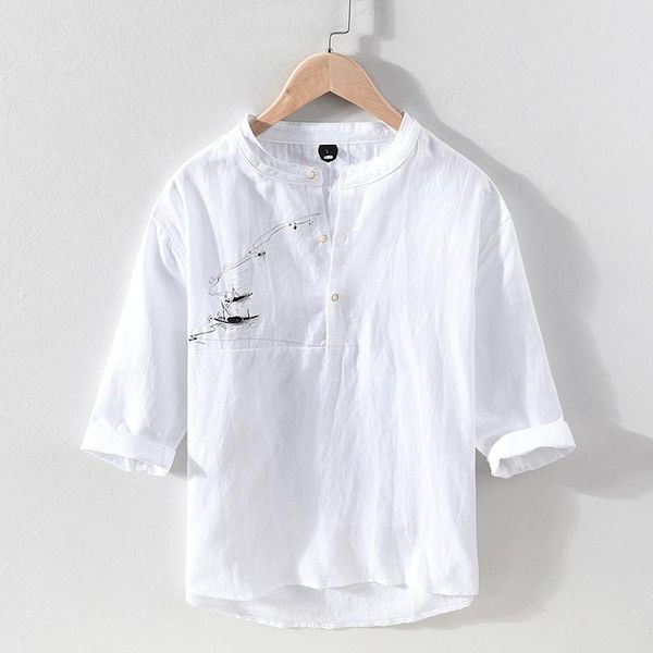 men's casual shirts men printed chinese style pullover stand collar three quarter sleeve white vintage summer male wild outwear, White;black
men's casual shirts men printed chinese style pullover stand collar three quarter sleeve white vintage summer male wild outwear, White;black