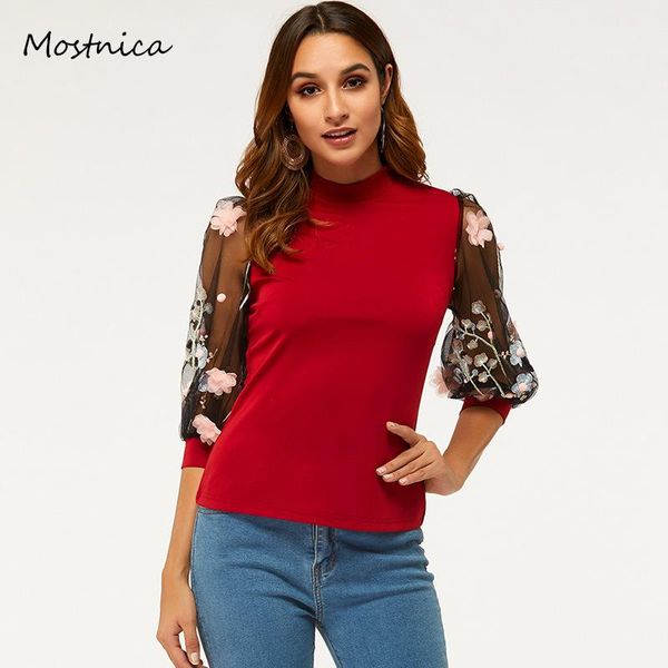 women's blouses & shirts mostnica women blouse spring stand collar patchwork mesh lantern three quarter sleeves flower appliques woman, White
women's blouses & shirts mostnica women blouse spring stand collar patchwork mesh lantern three quarter sleeves flower appliques woman, White