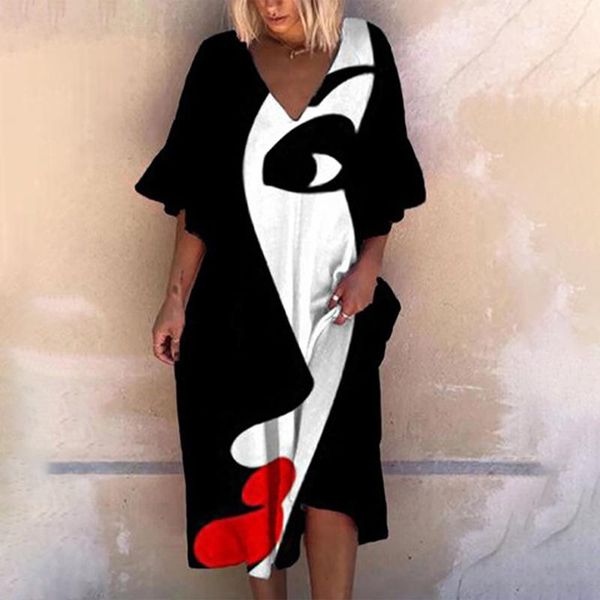 casual dresses abstract pattern print black dress women 's short sleeve vintage midi simple summer ladies loose clothing, Black;gray
casual dresses abstract pattern print black dress women 's short sleeve vintage midi simple summer ladies loose clothing, Black;gray