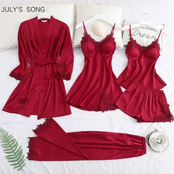 july's song 5 piece pajamas set lace stain women pajamas faux silk dressing gown lace summer robe sleepwear with chest pads 210928, Black;red
july's song 5 piece pajamas set lace stain women pajamas faux silk dressing gown lace summer robe sleepwear with chest pads 210928, Black;red