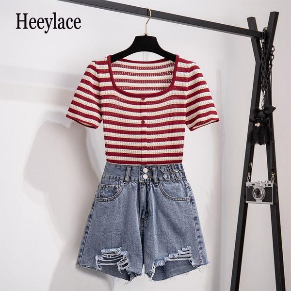 women's tracksuits sweet korean 2 pieces shorts sets summer short sleeve knit striped and denim women two outfits, Gray
women's tracksuits sweet korean 2 pieces shorts sets summer short sleeve knit striped and denim women two outfits, Gray