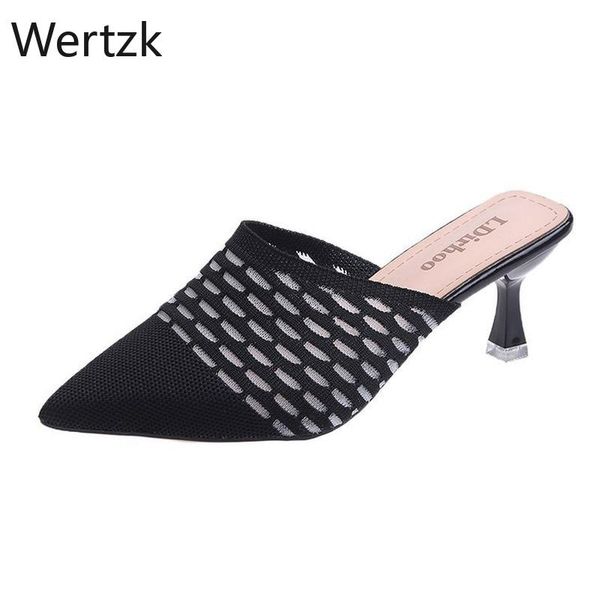 slippers 7cm heels pointed toe women shoes stretch fabric air mesh mules flip flop slip on slides, Black
slippers 7cm heels pointed toe women shoes stretch fabric air mesh mules flip flop slip on slides, Black