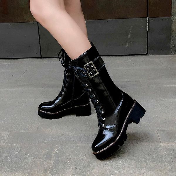 boots patent leather thick-soled double-breasted cross-strap side zipper motorcycle muffin heel warm plush lining mid-calf, Black
boots patent leather thick-soled double-breasted cross-strap side zipper motorcycle muffin heel warm plush lining mid-calf, Black