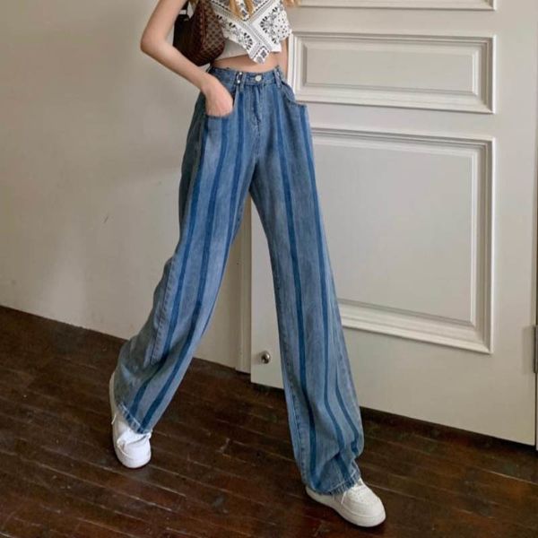 women's jeans fashion striped women straight high waist loose blue korean pocket wide leg denim pants causal autumn female hsix
women's jeans fashion striped women straight high waist loose blue korean pocket wide leg denim pants causal autumn female hsix