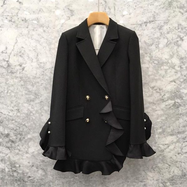 women's suits & blazers sping solid black women slim double breasted ruffles korean style elegant spliced office lady blazer co, White;black
women's suits & blazers sping solid black women slim double breasted ruffles korean style elegant spliced office lady blazer co, White;black