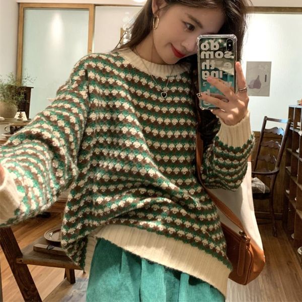 women's sweaters korean style chic green pullover sweater women spring and autumn retro loose striped, White;black
women's sweaters korean style chic green pullover sweater women spring and autumn retro loose striped, White;black