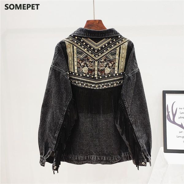 women's jackets denim jacket spring vintage floral embroidery suede fringe loose long sleeve jean casual ropa de mujer, Black;brown
women's jackets denim jacket spring vintage floral embroidery suede fringe loose long sleeve jean casual ropa de mujer, Black;brown
