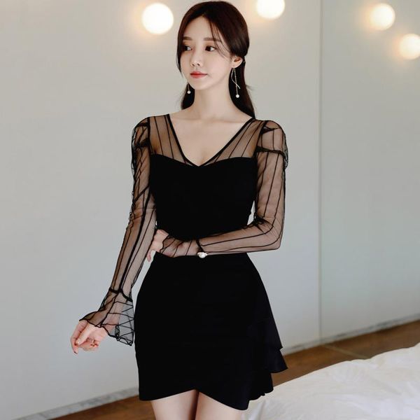 casual dresses coigarsam fashion ruffles women dress patchwork mesh v-neck black 7582, Black;gray
casual dresses coigarsam fashion ruffles women dress patchwork mesh v-neck black 7582, Black;gray