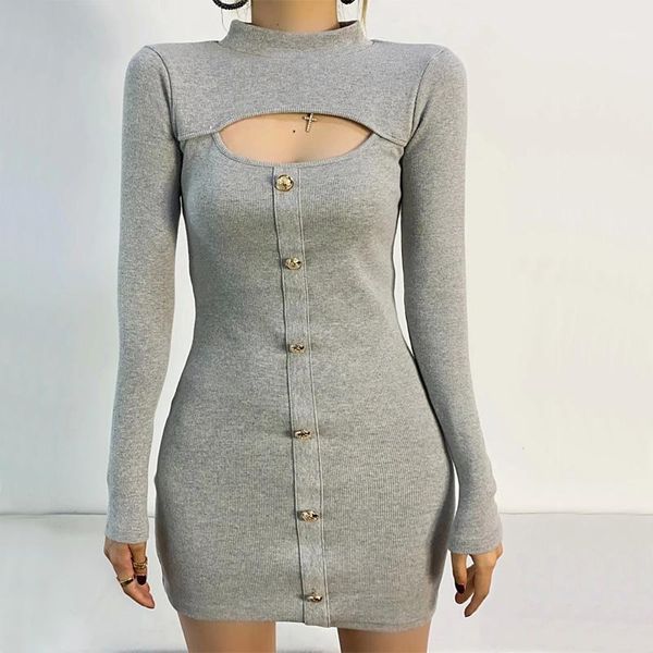 long sleeve bodycon dress women hollow out solid color party vintage slim fit button decor mini nightclub vestidos casual dresses, Black;gray
long sleeve bodycon dress women hollow out solid color party vintage slim fit button decor mini nightclub vestidos casual dresses, Black;gray