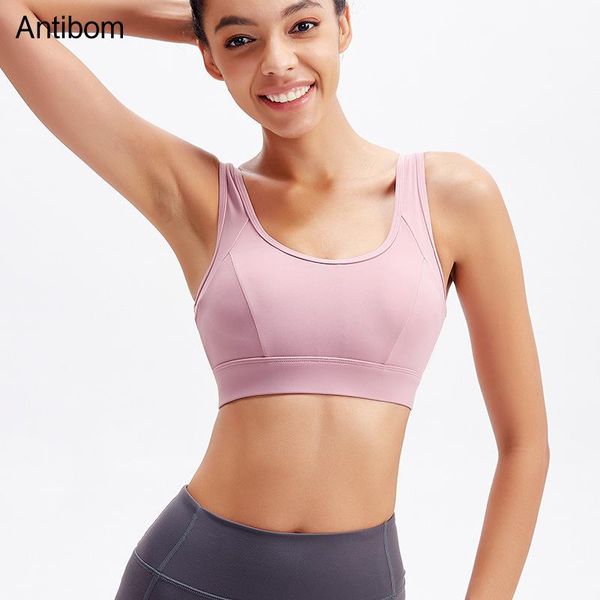 antibom adjustable sports bra fitness workout running crop with removable pad shockproof gym activewear open back design, White;black