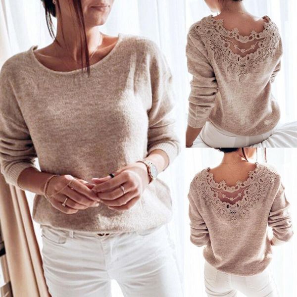 office lady spring autumn lace trimmed long sleeve blouses women casual solid knitted pullover o neck v back top, White
office lady spring autumn lace trimmed long sleeve blouses women casual solid knitted pullover o neck v back top, White