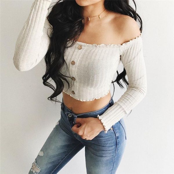 new women t-shirts womens single buttons knitted crop tees ladies off shoulder long sleeve t shirts, White
new women t-shirts womens single buttons knitted crop tees ladies off shoulder long sleeve t shirts, White