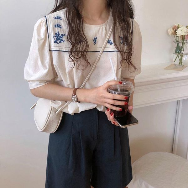 women's blouses & shirts 2021 korean chic vintage round-neck embroidered blouse short sleeve women casual loose clothes summer blasas, White
women's blouses & shirts 2021 korean chic vintage round-neck embroidered blouse short sleeve women casual loose clothes summer blasas, White