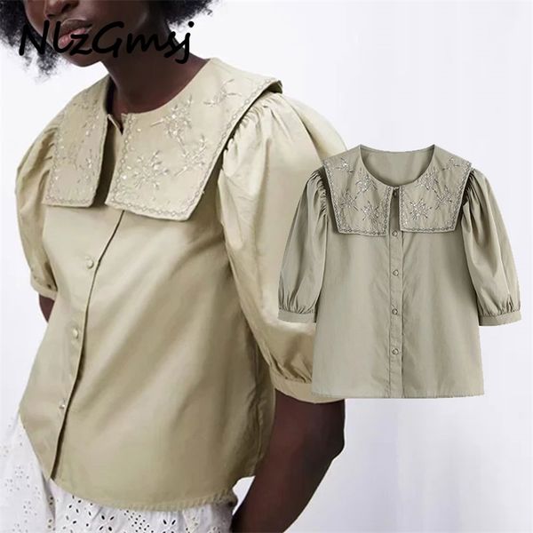 women blouse summer women's clothing doll collar embroidered neckline shirt solid color short sleeve 04 210628, White
women blouse summer women's clothing doll collar embroidered neckline shirt solid color short sleeve 04 210628, White