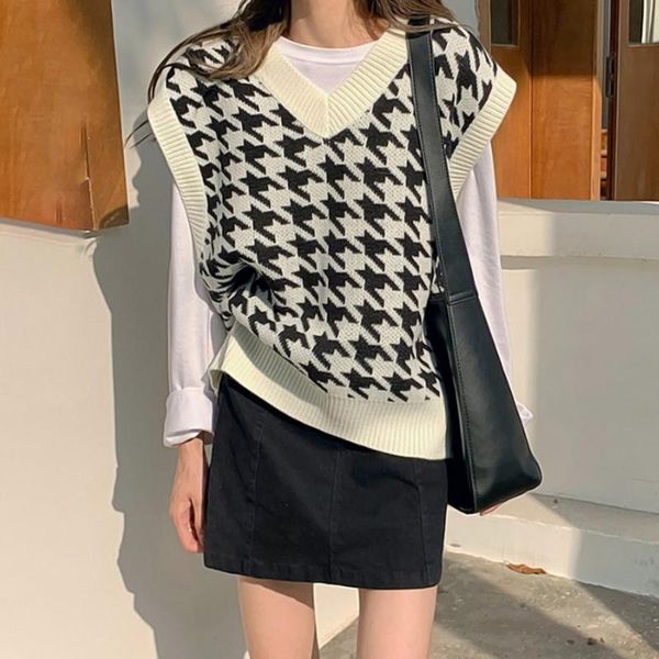 women's vests jodimitty women sweater vest autumn houndstooth plaid v-neck sleeveless knitted vintage loose oversized female, Black;white
women's vests jodimitty women sweater vest autumn houndstooth plaid v-neck sleeveless knitted vintage loose oversized female, Black;white