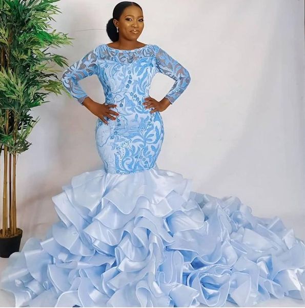 arabic aso sky blue evening pageant dresses 2022 luxury lace applique long sleeve tiered ruffles cathedral train african mermaid prom gowns, Black;red
arabic aso sky blue evening pageant dresses 2022 luxury lace applique long sleeve tiered ruffles cathedral train african mermaid prom gowns, Black;red