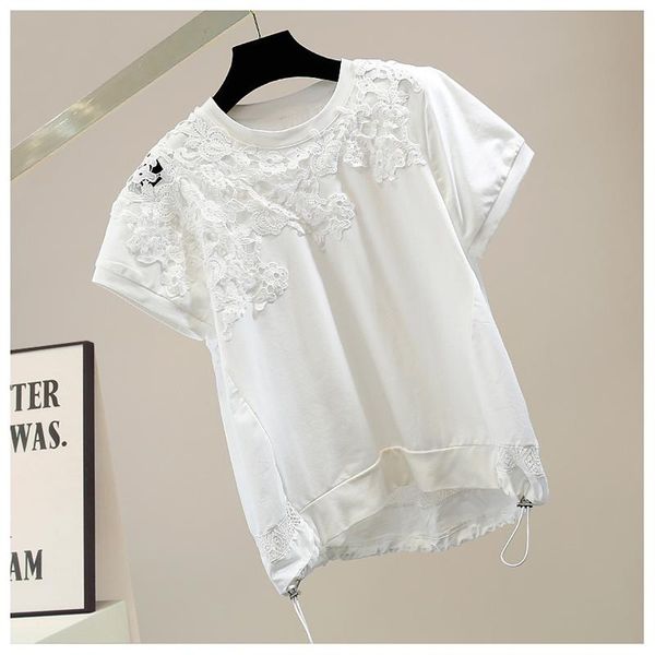 women's t-shirt lace stitching draw rope white black cotton short sleeve loose tees summer 2021
women's t-shirt lace stitching draw rope white black cotton short sleeve loose tees summer 2021