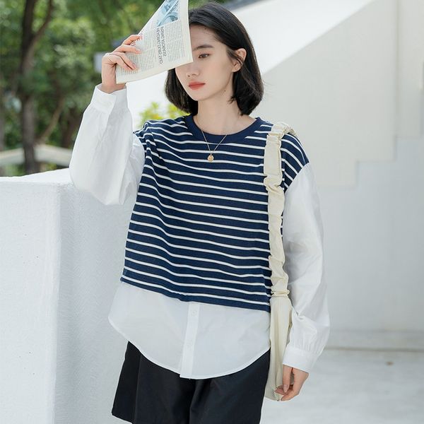round autumn 2021 ne stitched stripe fake two loose long sve sweater for women, Black
round autumn 2021 ne stitched stripe fake two loose long sve sweater for women, Black