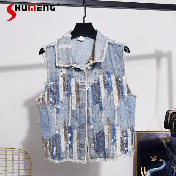 women's vests woman denim vest coat 2021 summer blue sequins sleeveless jean waistcoat jacket chaketas de mujer drop, Black;white
women's vests woman denim vest coat 2021 summer blue sequins sleeveless jean waistcoat jacket chaketas de mujer drop, Black;white