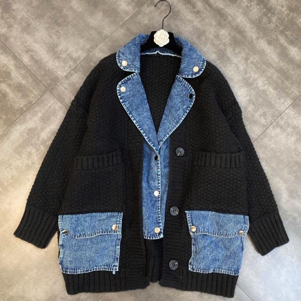 women's jackets prepomp 2021 fall arrival long sleeve turn down collar denim patchwork knitted loose jacket women sweater coat gc562, Black;brown
women's jackets prepomp 2021 fall arrival long sleeve turn down collar denim patchwork knitted loose jacket women sweater coat gc562, Black;brown