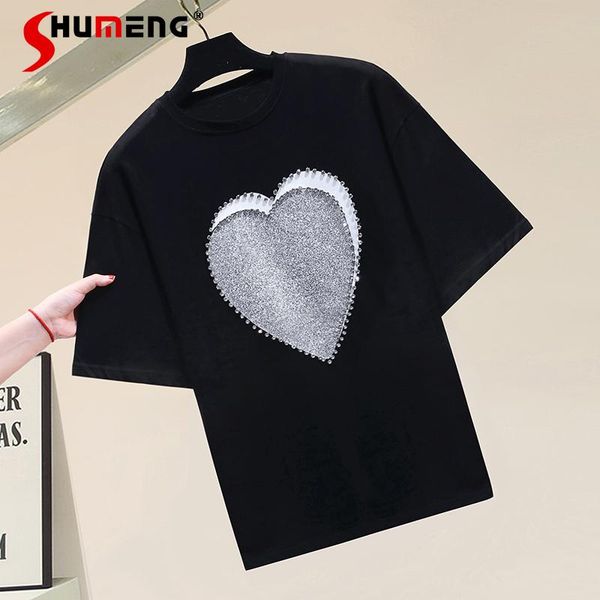 women's t-shirt 2021 spring rhinestone three-dimensional love round collar black tees short sleeve loose women, White
women's t-shirt 2021 spring rhinestone three-dimensional love round collar black tees short sleeve loose women, White