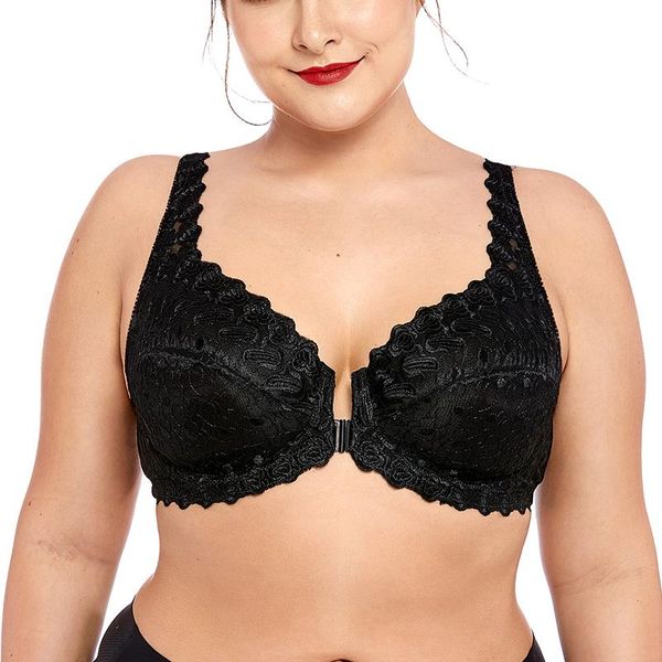 women's plus size support lace front close unlined embroidered underwired bra, Red;black
women's plus size support lace front close unlined embroidered underwired bra, Red;black