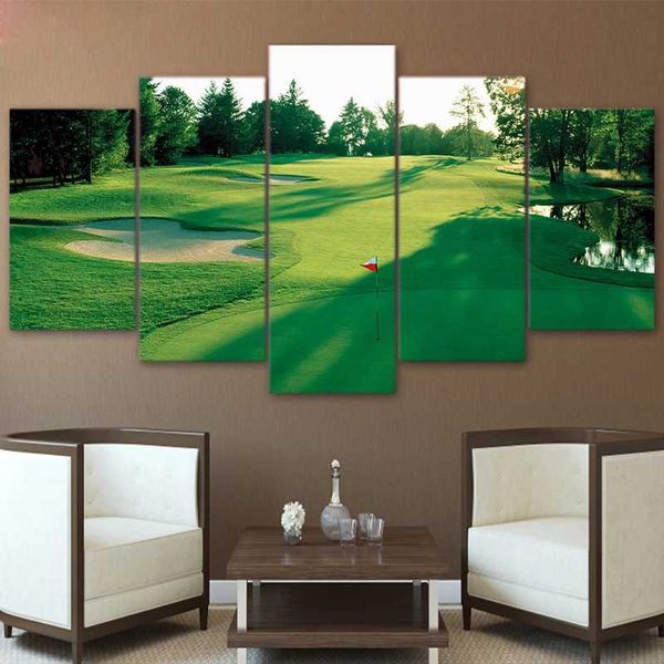modern poster home decor wall art pictures for living room 5 pieces golf course green land painting canvas print framed