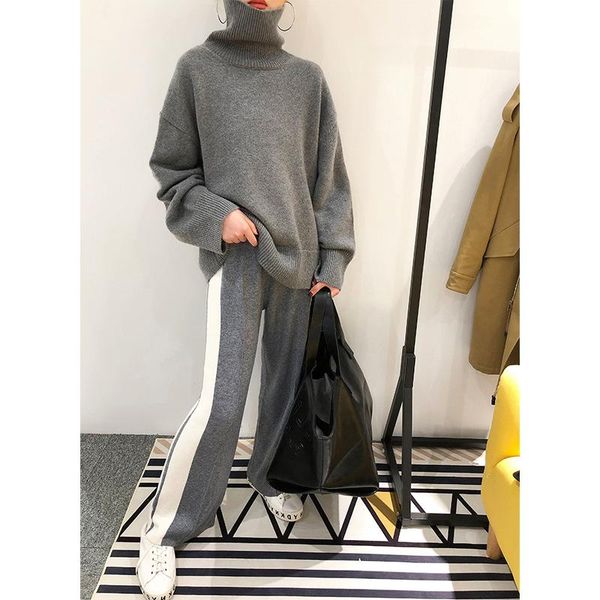 women's two piece pants 2021 drawstring wool knit suit lazy wind loose turtleneck sweater and striped straight wide leg casual 2 set wo, White
women's two piece pants 2021 drawstring wool knit suit lazy wind loose turtleneck sweater and striped straight wide leg casual 2 set wo, White