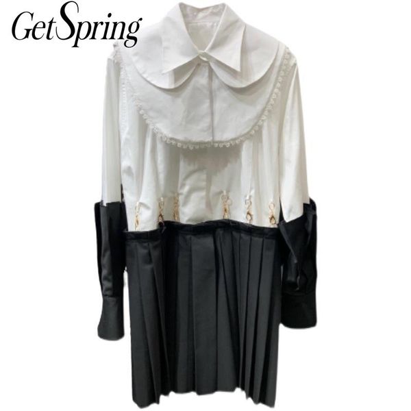 getspring women dress black white patchwork puff sleeve shirt es metal decorative pleated ladies es loose short 210601, Black;gray
getspring women dress black white patchwork puff sleeve shirt es metal decorative pleated ladies es loose short 210601, Black;gray