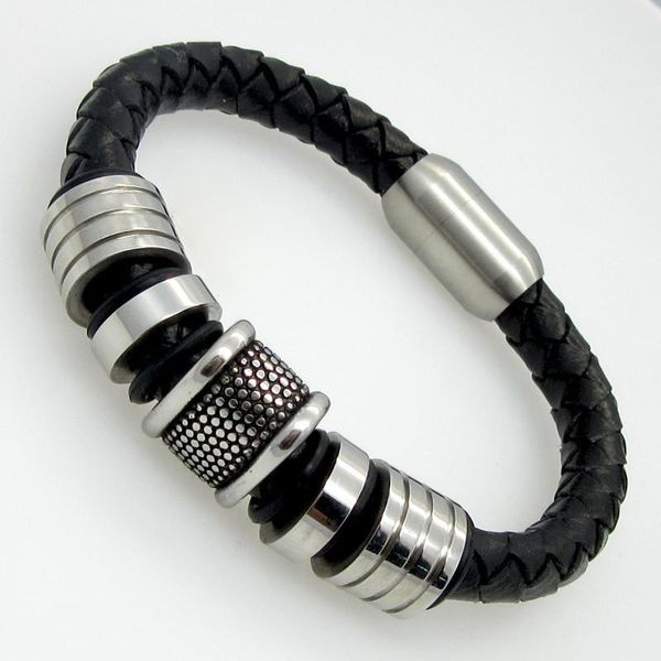 link, chain genuine leather bracelet men stainless steel braid with magnetic buckle claps pulseiras masculina, Black
link, chain genuine leather bracelet men stainless steel braid with magnetic buckle claps pulseiras masculina, Black