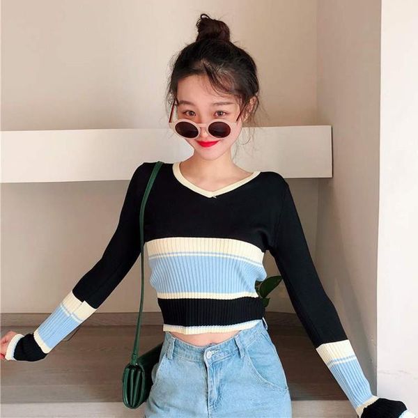 women's sweaters autumn women striped v neck korean style knitted pullovers long sleeve female streetwear harajuku jumpers, White;black
women's sweaters autumn women striped v neck korean style knitted pullovers long sleeve female streetwear harajuku jumpers, White;black