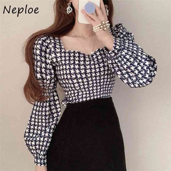neploe korean square collar clavicle exposed slimm fit blouse women vintage black white houndstooth blusas long sleeve shirt 210719
neploe korean square collar clavicle exposed slimm fit blouse women vintage black white houndstooth blusas long sleeve shirt 210719