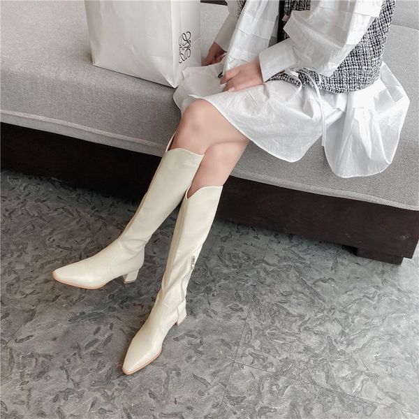 boots autumn and winter 2021 high-end women's leather korean v-mouth thick heel high-heeled with thin, Black