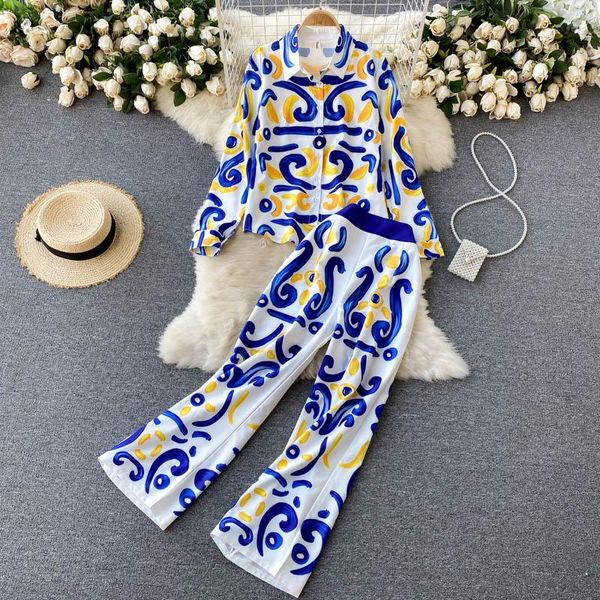 women's two piece pants european brand designer runway suit 2021 autumn ladies shirt lapel printed women two-piece set, White
women's two piece pants european brand designer runway suit 2021 autumn ladies shirt lapel printed women two-piece set, White
