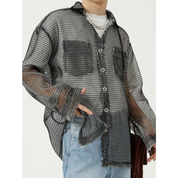 men's dress shirts high street designer shirt men long sleeve hollow out breathable for party summer black white camisa hombre fashion, White;black
men's dress shirts high street designer shirt men long sleeve hollow out breathable for party summer black white camisa hombre fashion, White;black