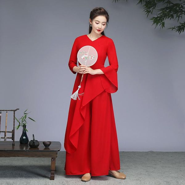 women's two piece pants chinese style 2 sets red v-neck irregular robe + wide leg female dance casual improve tang clothes suit, White
women's two piece pants chinese style 2 sets red v-neck irregular robe + wide leg female dance casual improve tang clothes suit, White