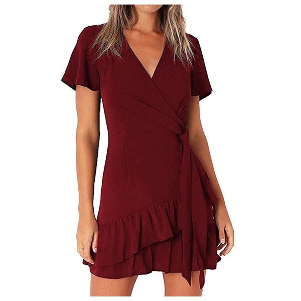 women's swimwear womens summer dress ruffle wrap v neck short sleeve mini dresses with belt slim casual party vestidos robe longue femm, White;black
women's swimwear womens summer dress ruffle wrap v neck short sleeve mini dresses with belt slim casual party vestidos robe longue femm, White;black