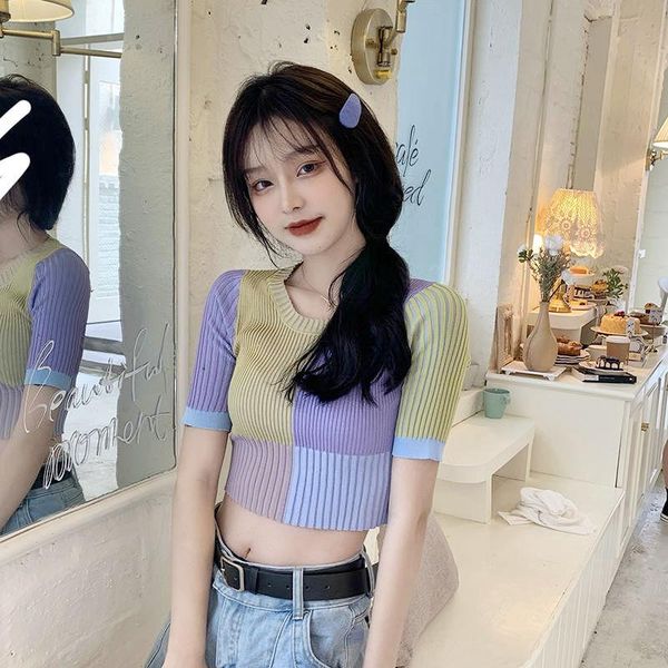 women's t-shirt rainbow color vertical stripe short sleeve open navel 2021 korean slim bottomed, White
women's t-shirt rainbow color vertical stripe short sleeve open navel 2021 korean slim bottomed, White