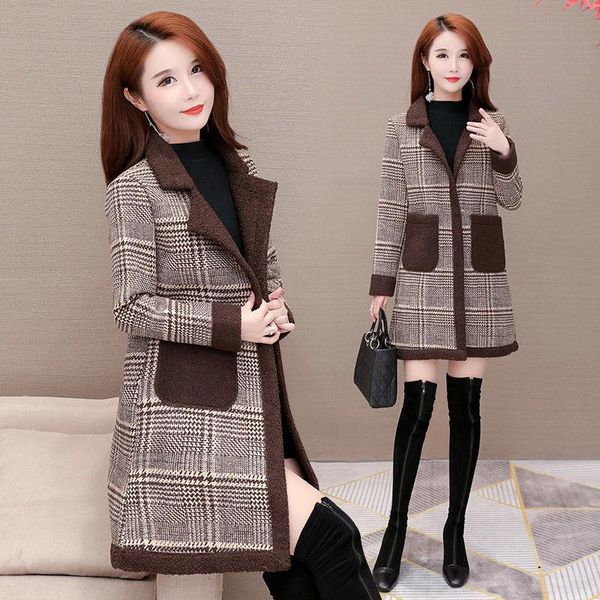 women's wool & blends autumn and winter cashmere blended casual jacket plaid windbreaker thick velvet mid-length woolen coat, Black 
women's wool & blends autumn and winter cashmere blended casual jacket plaid windbreaker thick velvet mid-length woolen coat, Black