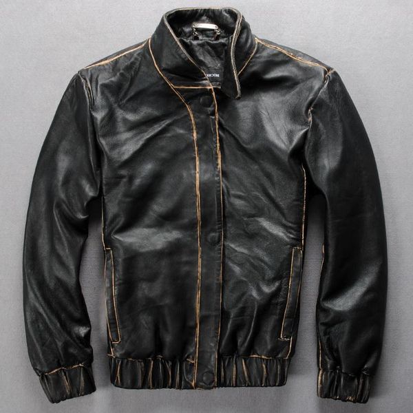 men's leather & faux vintage genuine hand make double color slim fit sheepskin wind jacket real cowskin fashion coat men, Black
men's leather & faux vintage genuine hand make double color slim fit sheepskin wind jacket real cowskin fashion coat men, Black