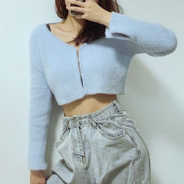 2021 spring retro v neck split sleeved crop ribbed cardigan in fluffy yarn fluffy knit sweater shaggy covered buttons jumpers, White;black
2021 spring retro v neck split sleeved crop ribbed cardigan in fluffy yarn fluffy knit sweater shaggy covered buttons jumpers, White;black