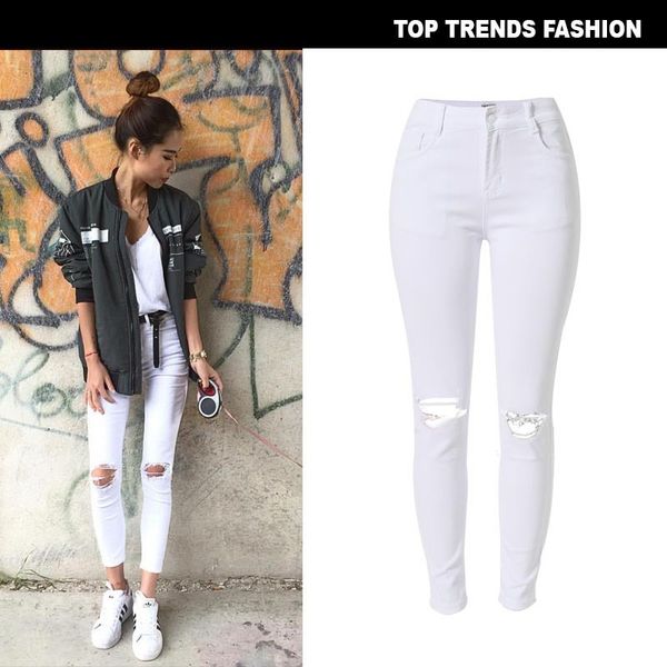 street fashion pure color high waist slim elastic denim leggings with broken knees, Blue
street fashion pure color high waist slim elastic denim leggings with broken knees, Blue